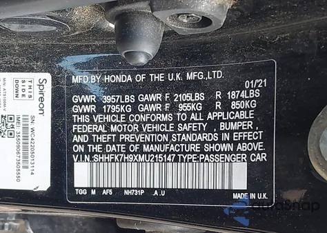 2021 Honda Civic Sport Touring from USA, damaged, VIN SHHFK7H9XMU215147